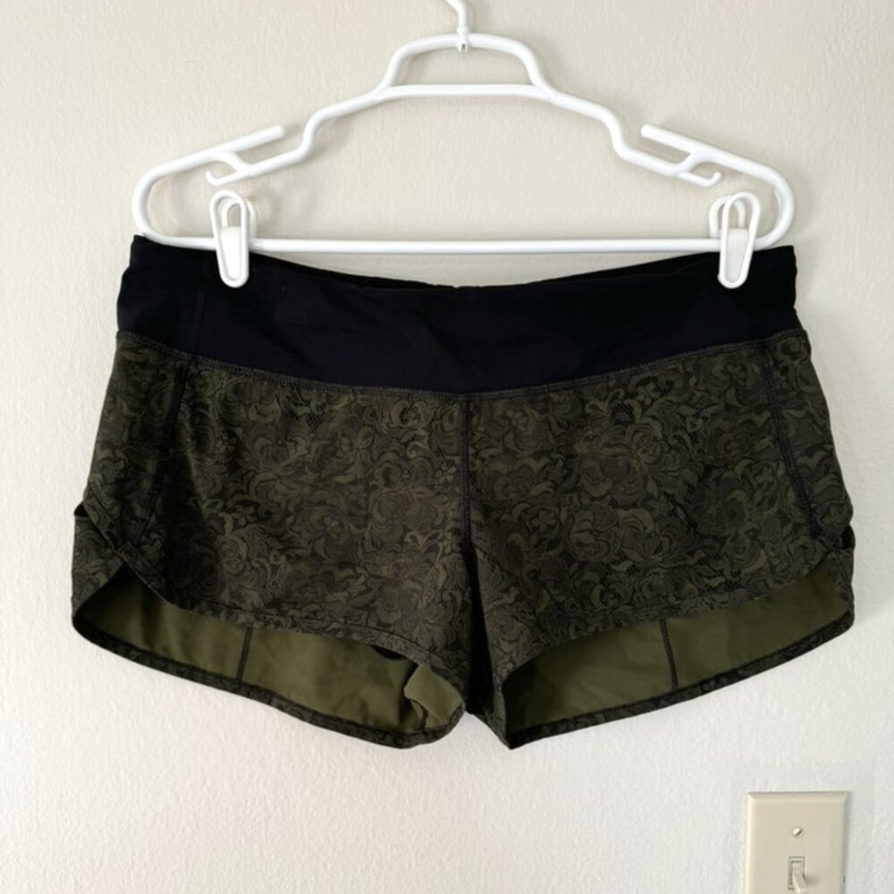 Lululemon Speed Short, Green Lace Print, Mini Pencil Lace Brave Olive Size 10